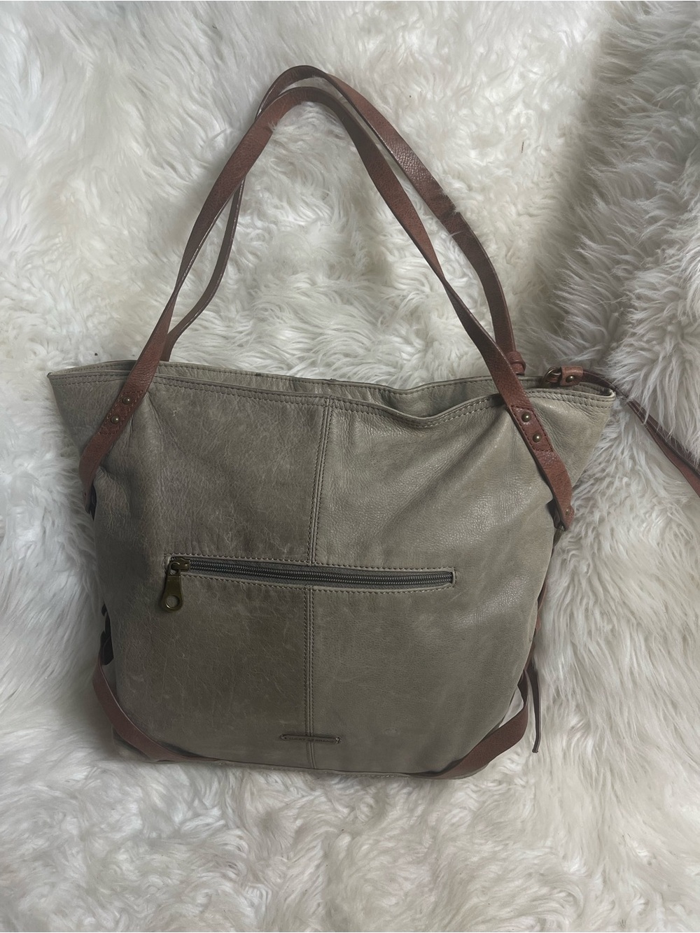 Lucky Brand leather taupe large Tote Bag with Brown Straps and accents.